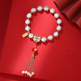 Natural Agate Beaded Bracelet with Tassel Pearl Lion Enamel Bangle