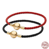 Classic Round Buckle Leather Bracelet 925 Sterling Silver