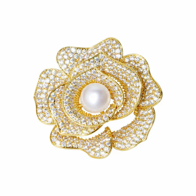 Classic 14K Plated Pearl Flower Brooch Costume Jewelry