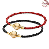 Woven Round Buckle Leather Bracelet 925 Sterling Silver Charm Bead Jewelry