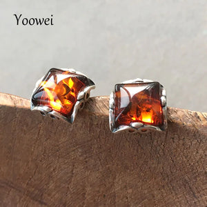 Classical 9mm Amber Earrings for Women Tiny Square Stud Ear Jewelry