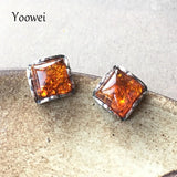 Classical 9mm Amber Earrings for Women Tiny Square Stud Ear Jewelry