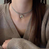 Classical Crystal Choker Necklace Multi-layer Pearl Tassel Lace Feather Love