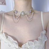 Classical Crystal Choker Necklace Multi-layer Pearl Tassel Lace Feather Love