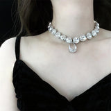Classical Crystal Choker Necklace Multi-layer Pearl Tassel Lace Feather Love