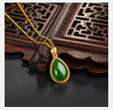Green Jade Emerald Gemstone Water Drop Pendant Necklace 18k Filled