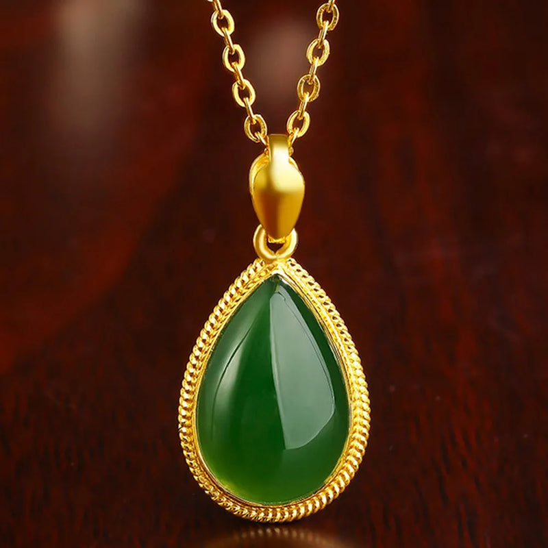 Green Jade Emerald Gemstone Water Drop Pendant Necklace 18k Filled