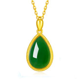 Green Jade Emerald Gemstone Water Drop Pendant Necklace 18k Filled