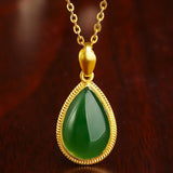 Green Jade Emerald Gemstone Water Drop Pendant Necklace 18k Filled