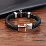 Classical Leather Chain Weaved Man Bracelet Stainless Steel Wristband Cross