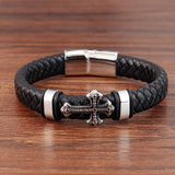 Classical Leather Chain Weaved Man Bracelet Stainless Steel Wristband Cross