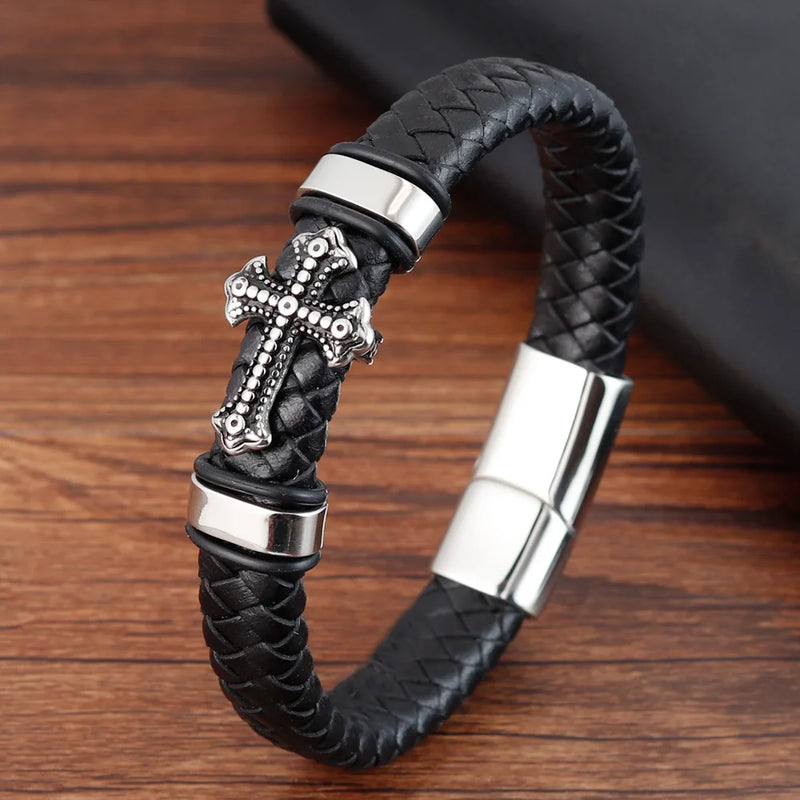Classical Leather Chain Weaved Man Bracelet Stainless Steel Wristband Cross