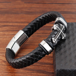 Classical Leather Chain Weaved Man Bracelet Stainless Steel Wristband Cross