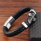 Classical Leather Chain Weaved Man Bracelet Stainless Steel Wristband Cross