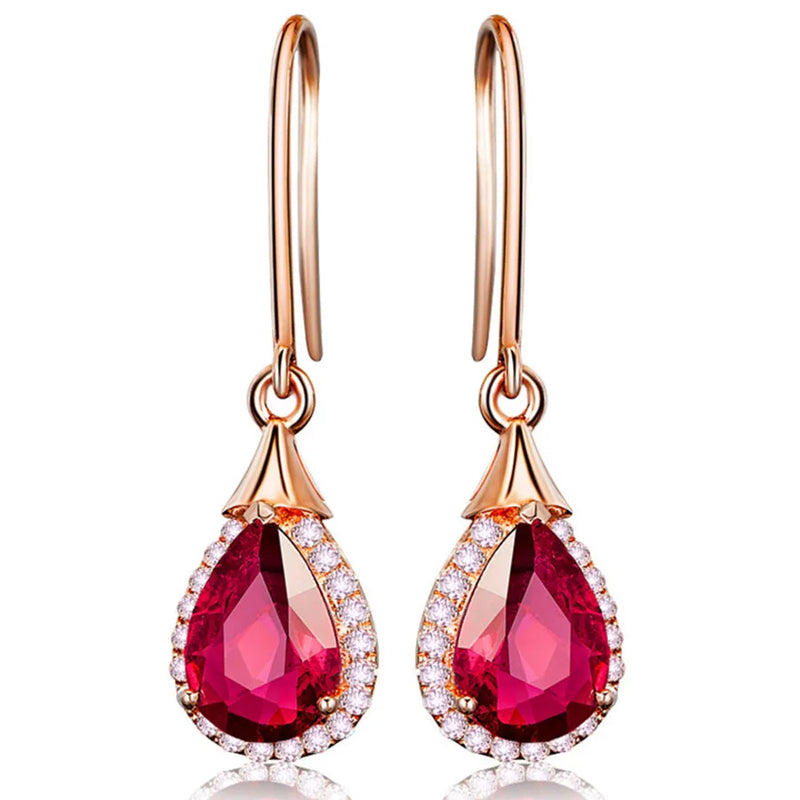 Red Ruby Crystal Drop Earrings with Zircon Diamonds