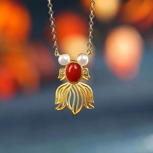 Red Tourmaline Pearl Goldfish Pendant Necklace