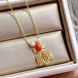 Red Tourmaline Pearl Goldfish Pendant Necklace