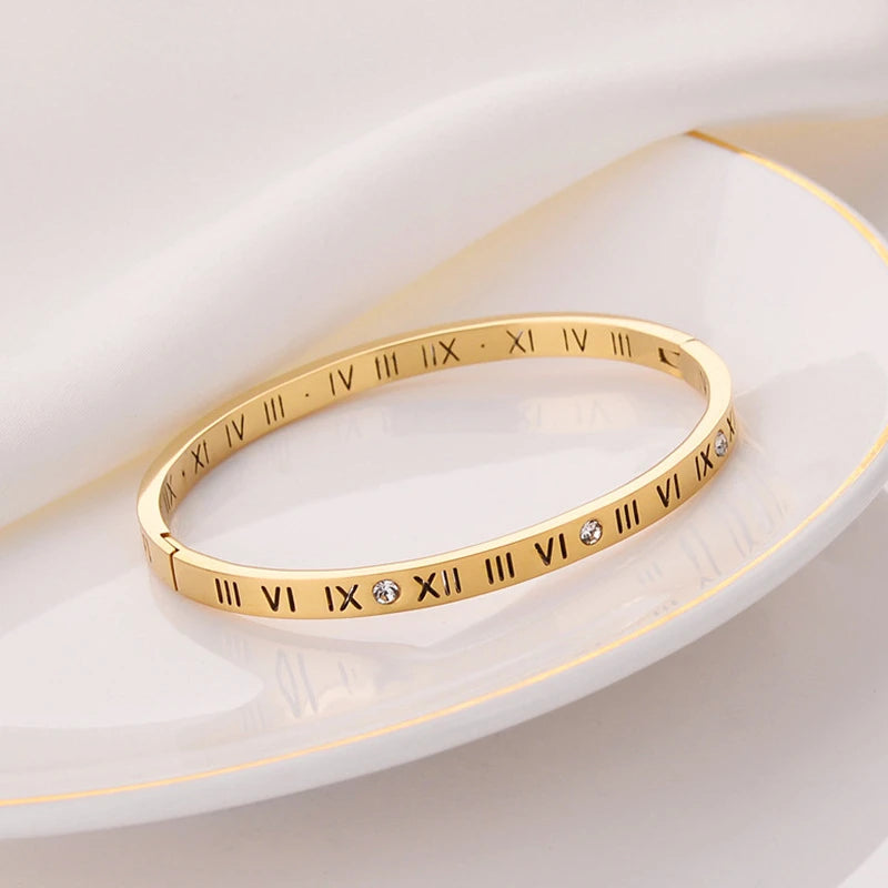 Classic Hollow Roman Numeral Steel Bracelet for Women