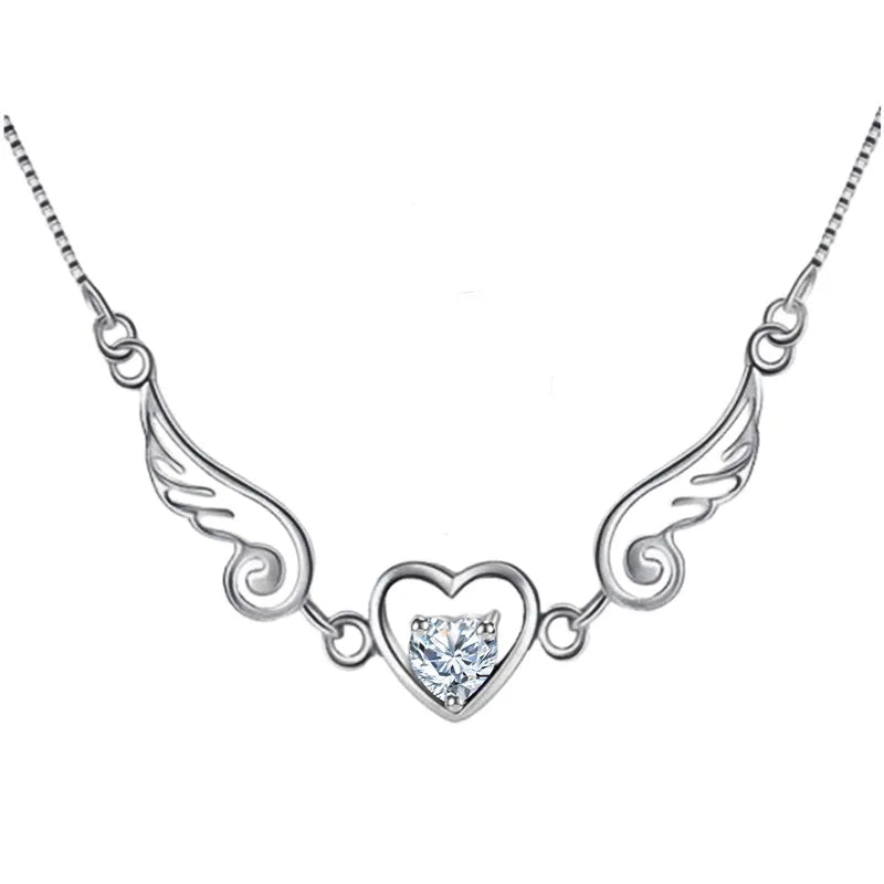 925 Sterling Silver Fairy Wings Heart Rhinestone Necklace for Women