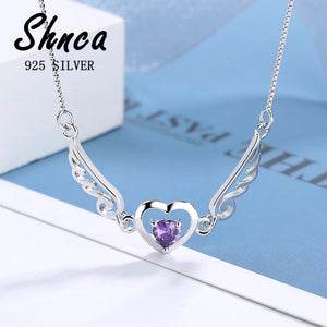 925 Sterling Silver Fairy Wings Heart Rhinestone Necklace for Women