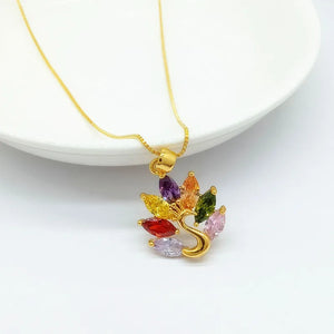 Colorful Zircon Peacock Pendant Necklace Yellow Filled Charm Jewelry