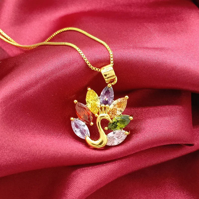 Colorful Zircon Peacock Pendant Necklace Yellow Filled Charm Jewelry