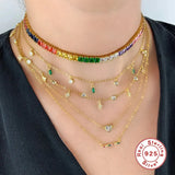 925 Silver Clavicle Rectangle Necklace with Colorful Zircon
