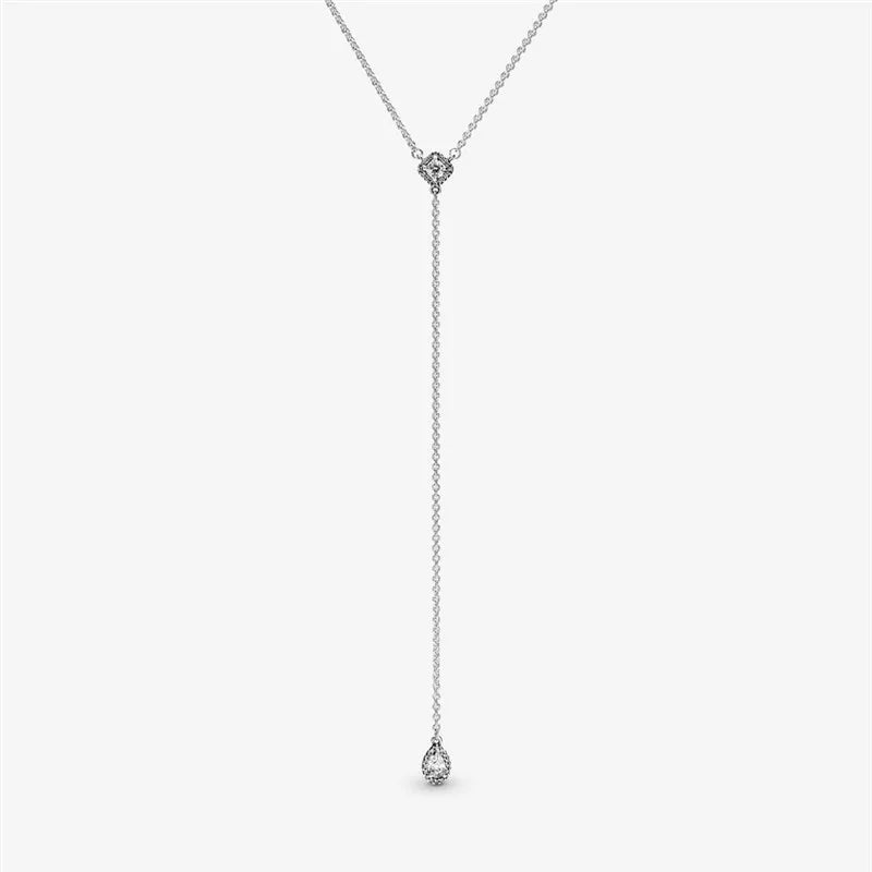 Clear CZ Geometric Y Necklace 925 Silver Choker for Women Chain Collier
