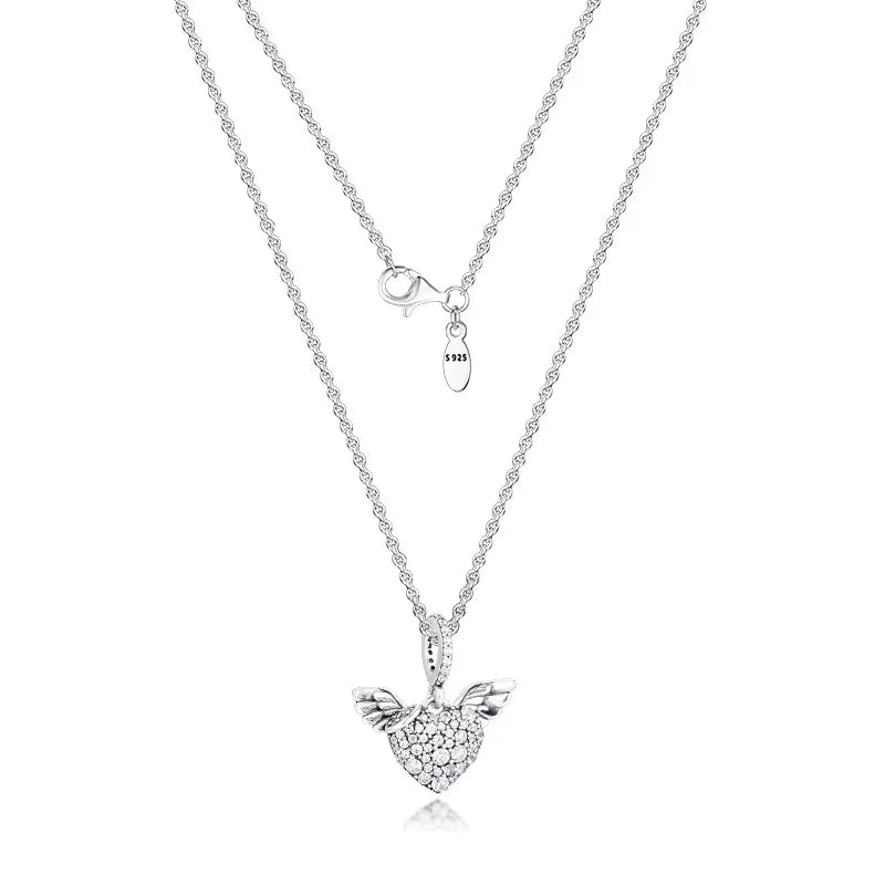 Sterling Silver Heart & Angel Wings Pendant Necklace