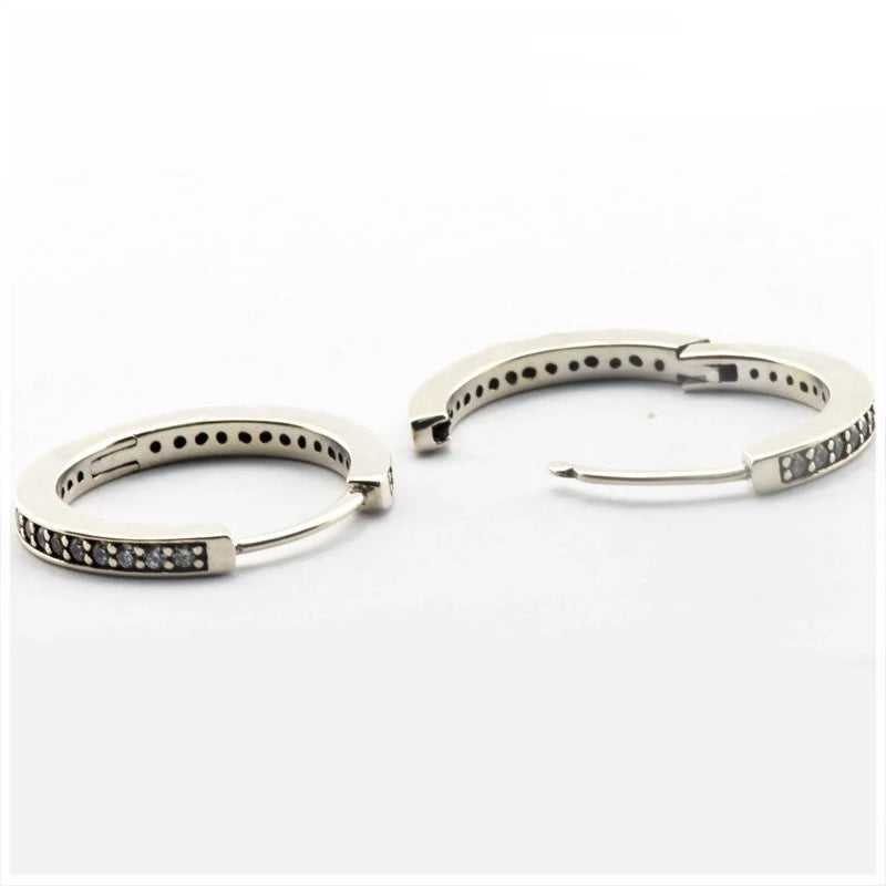 Clear CZ Round Shape Hoop Earrings Sterling Silver 925