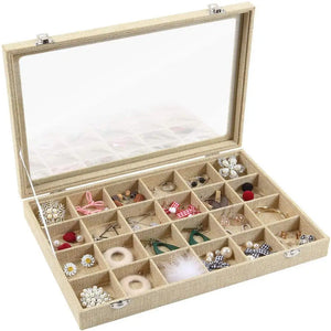 24 Grid Sackcloth Jewelry Box Necklace Organizer Earrings Showcase-Yellow