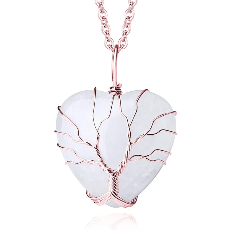 Clear Quartz Necklace Rose Tree Of Life Wire Wrapped Heart Shape Stone Pendant