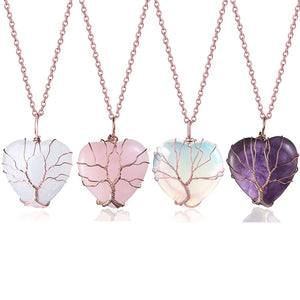 Clear Quartz Necklace Rose Tree Of Life Wire Wrapped Heart Shape Stone Pendant