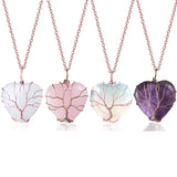 Clear Quartz Necklace Rose Tree Of Life Wire Wrapped Heart Shape Stone Pendant