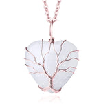 Clear Quartz Necklace Rose Tree Of Life Wire Wrapped Heart Shape Stone Pendant