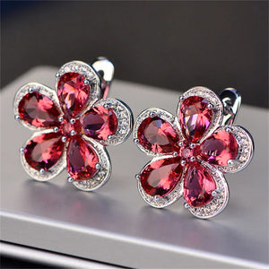 Vintage Floral Ruby Clip Earrings for Women