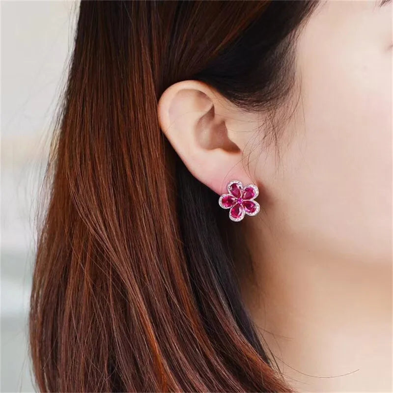 Vintage Floral Ruby Clip Earrings for Women