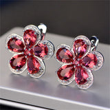 Vintage Floral Ruby Clip Earrings for Women