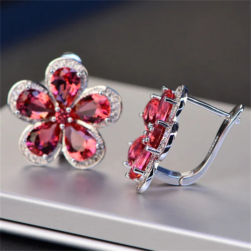 Vintage Floral Ruby Clip Earrings for Women