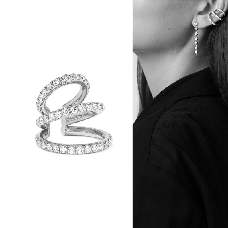 Silver CZ Crystal Ear Cuff Clip Earrings Triple Line Women Ear Wrap