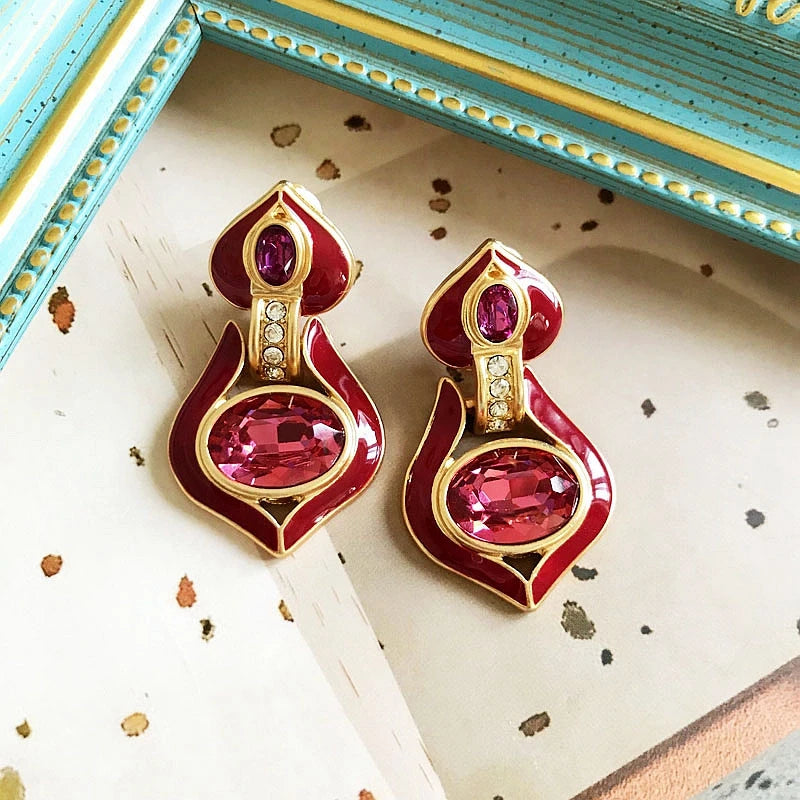 Enamel Rhinestone Clip-on Earrings Romantic Gift Party Jewelry