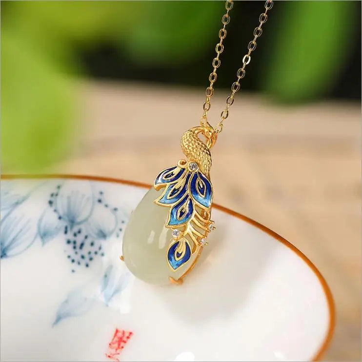 Cloisonne Phoenix Hotian Jade Pendant Silver Plated Jade Necklace
