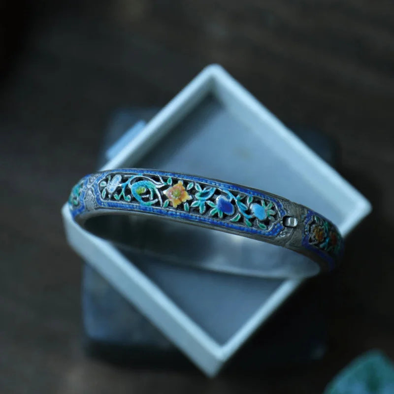 Thai Silver Cloisonne Enamel 925 Bracelet Women Cutout Craft