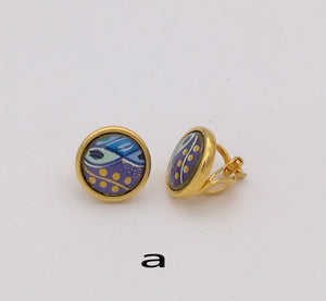 18K Cloisonne Enamel Earrings, No Ear Holes, European American Style