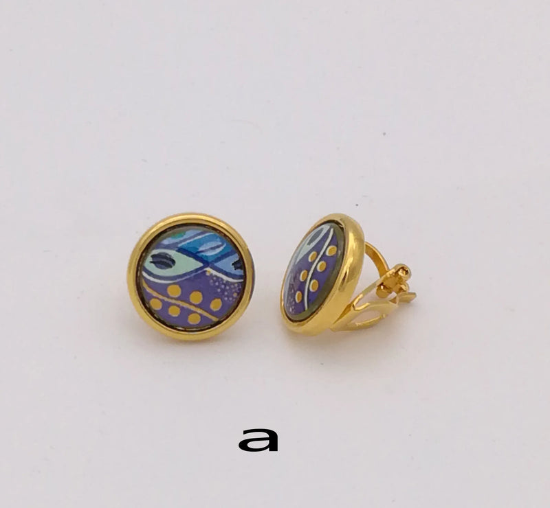 18K Cloisonne Enamel Earrings, No Ear Holes, European American Style