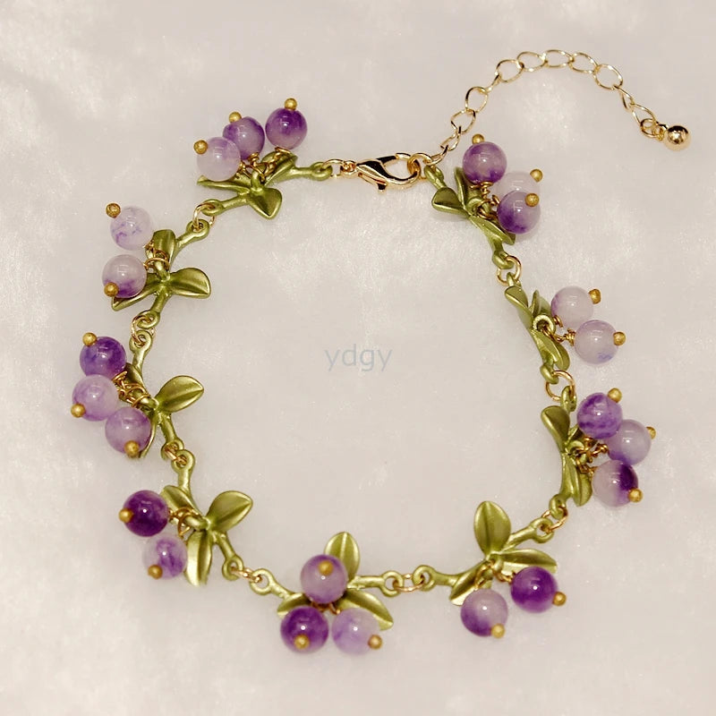 Cloud Jewelry Women's Cranberry Purple Stone Bracelet with Multicolor Flowers