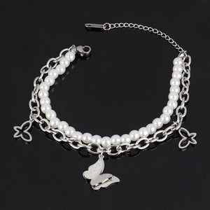 Clover Bracelets Pearl Butterfly Charms Double-layer Bracelet