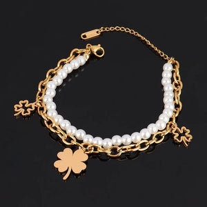 Clover Bracelets Pearl Butterfly Charms Double-layer Bracelet