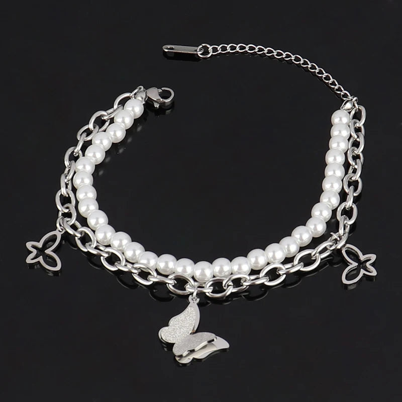 Clover Bracelets Pearl Butterfly Charms Double-layer Bracelet