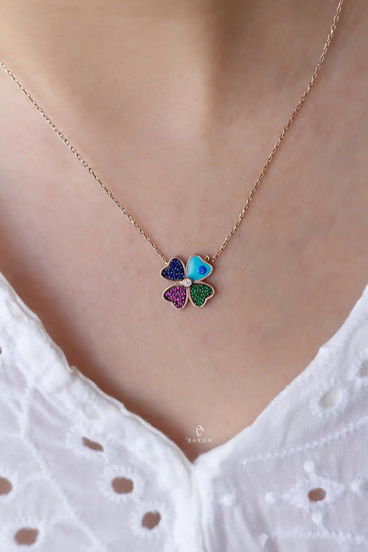Colorful Enamel Evil Eye Necklace, Sterling Silver 4 Leaf Clover Necklace